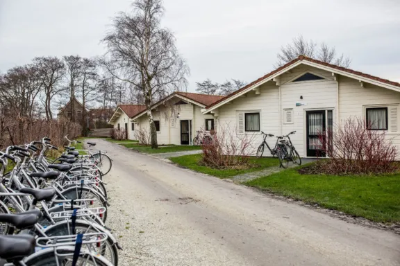 Een rij fietsen op een winters vakantiepark de Riesen