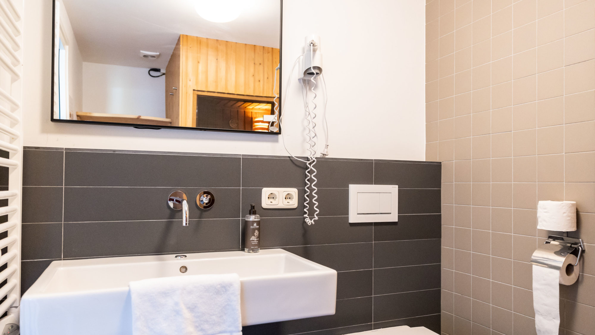 Wastafel met spiegeling van eigen sauna Hotel appartement sauna Tjermelan Terschelling